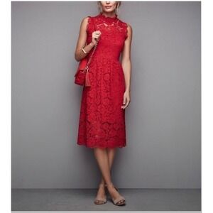 B44 Kate Spade Poppy‎ Floral Lace Midi Dress 4 Red Mock Neck Cocktail Wedding